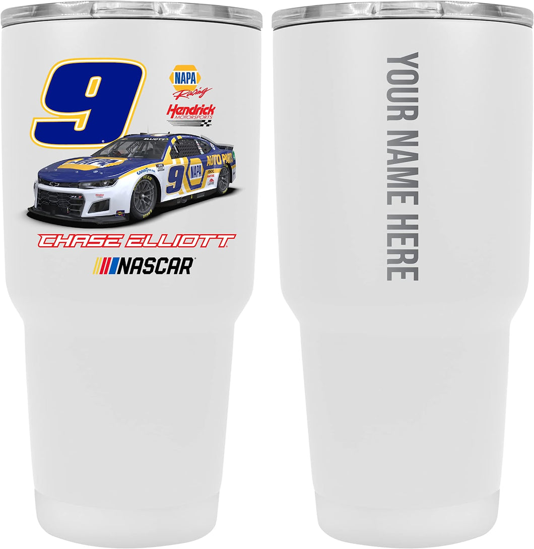 Personalized Custom - #9 Chase Elliott 24 oz Stainless Steel Tumbler Car Design with Customizable Name or Message (White)