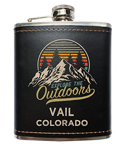Vail Colorado Explore the Outdoors Souvenir Black Leather Wrapped Stainless Steel 7 oz Flask