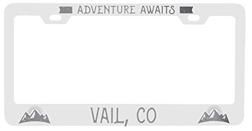 R and R Imports Vail Colorado Laser Engraved Metal License Plate Frame Adventures Awaits Design