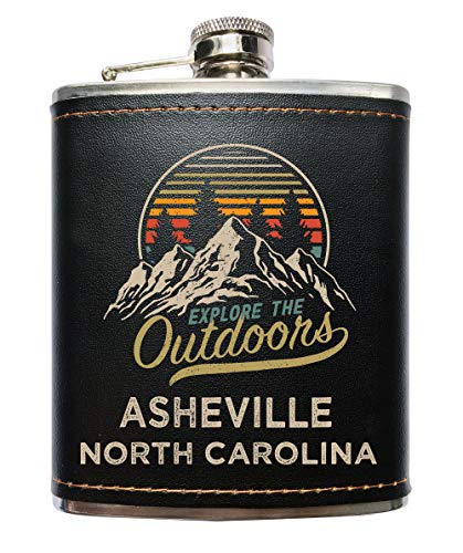 Asheville North Carolina Explore the Outdoors Souvenir Black Leather Wrapped Stainless Steel 7 oz Flask