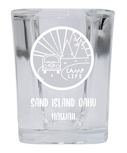 Sand Island Oahu Hawaii Souvenir Laser Engraved 2 Ounce Square Base Liquor Shot Glass 4-Pack Camp Life Design