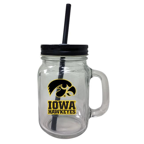 Iowa Hawkeyes NCAA Iconic Mason Jar Glass - Officially Licensed Collegiate Drinkware with Lid and Straw 