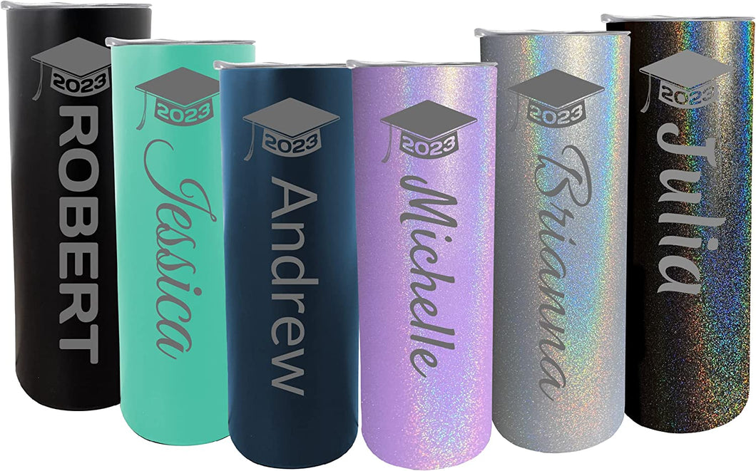 Customizable Class of 2023 Grad Graduation Engraved 20 oz Insulated Stainless Steel Skinny Tumbler Personalized with Custom Text or Name Choice of 6 Colors