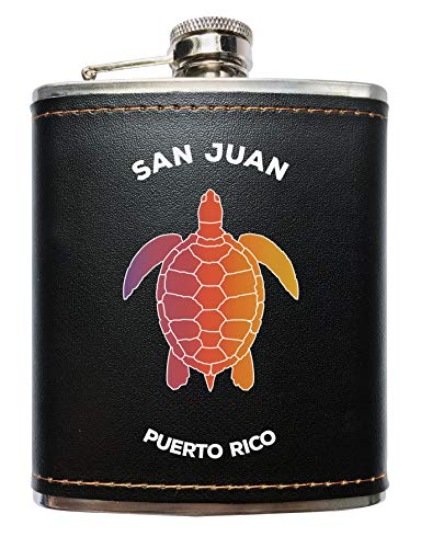 San Juan Puerto Rico Souvenir Black Leather Wrapped Stainless Steel 7 oz Flask