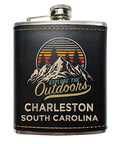 Charleston South Carolina Explore the Outdoors Souvenir Black Leather Wrapped Stainless Steel 7 oz Flask