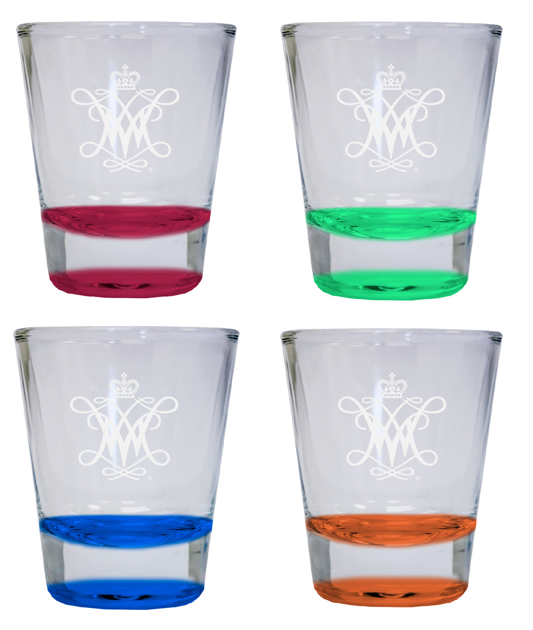 NCAA William and Mary Collector's 2oz Laser-Engraved Spirit Shot Glass Red, Orange, Blue and Green 4-Pack