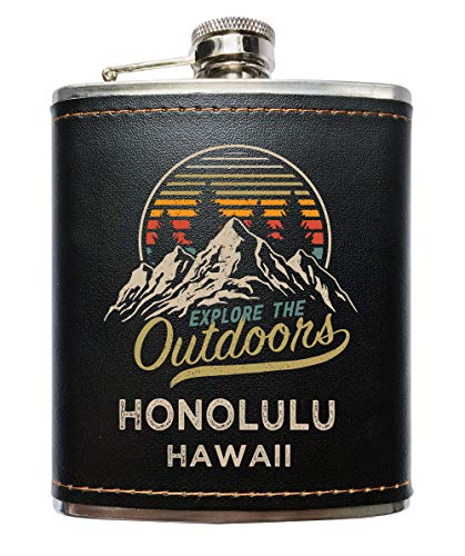 Honolulu Hawaii Explore the Outdoors Souvenir Black Leather Wrapped Stainless Steel 7 oz Flask