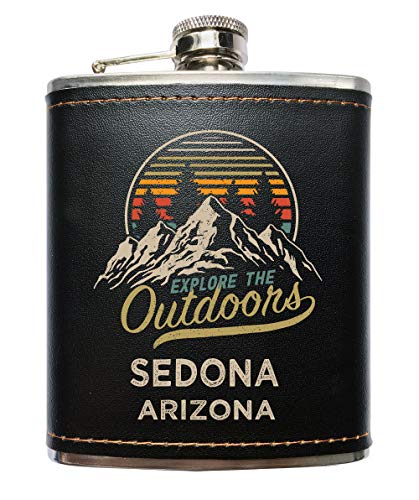 Sedona Arizona Explore the Outdoors Souvenir Black Leather Wrapped Stainless Steel 7 oz Flask