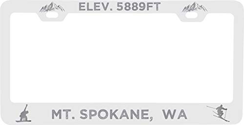 R and R Imports Mt. Spokane Washington Etched Metal License Plate Frame White