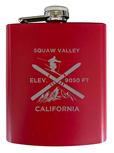 Squaw Valley California Ski Snowboard Winter Adventures Stainless Steel 7 oz Flask Red