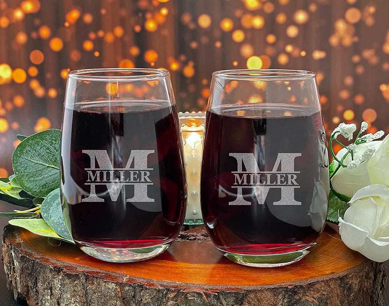 Customizable Monogram 15 oz Etched Stemless Wine Glass Engraved Personalized with Initial and Name