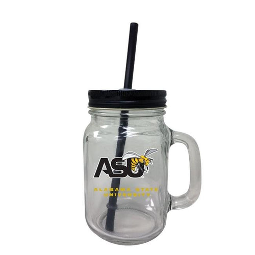 Alabama State University NCAA Iconic Mason Jar Glass - Officially Licensed Collegiate Drinkware with Lid and Straw 