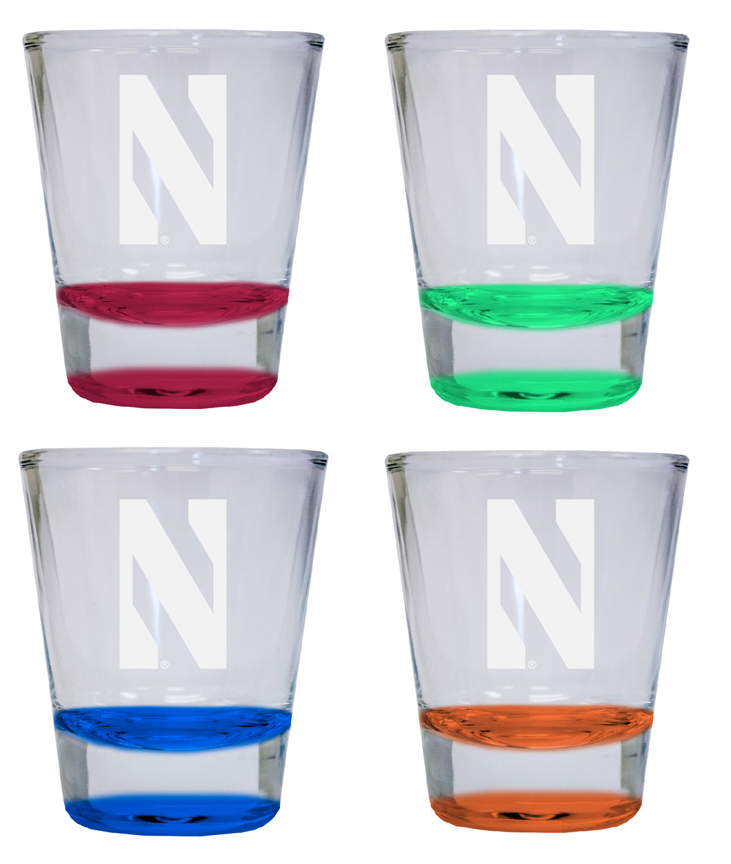 NCAA Northwestern University Wildcats Collector's 2oz Laser-Engraved Spirit Shot Glass Red, Orange, Blue and Green 4-Pack