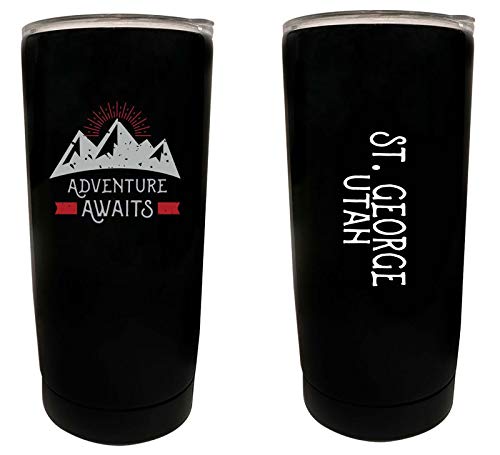 R and R Imports St. George Utah Souvenir 16 oz Stainless Steel Insulated Tumbler Adventure Awaits Design Black.
