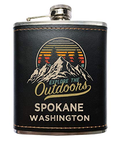Spokane Washington Black Leather Wrapped Flask
