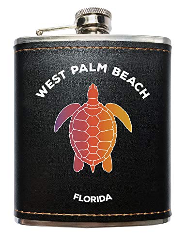 West Palm Beach Florida Souvenir Black Leather Wrapped Stainless Steel 7 oz Flask