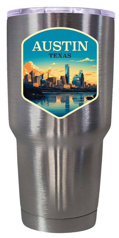 A 24 oz insulated stainless steel tumbler with detailed Austin Texas design, featuring vibrant colors and a functional, straw-friendly lid. Ideal for travel or daily use.
