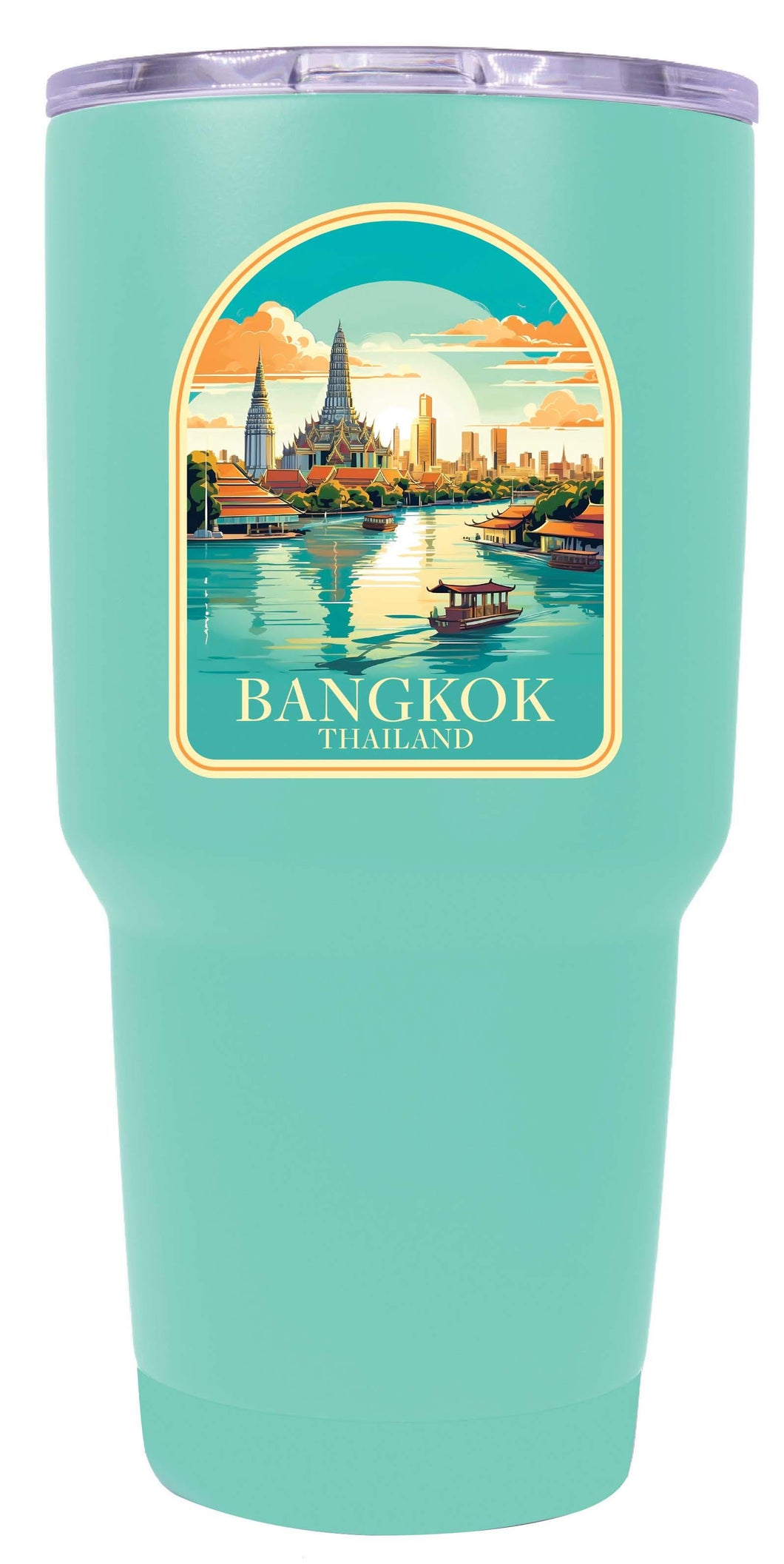 A 24 oz insulated stainless steel tumbler with detailed Bangkok Thailand design, featuring vibrant colors and a functional, straw-friendly lid. Ideal for travel or daily use.