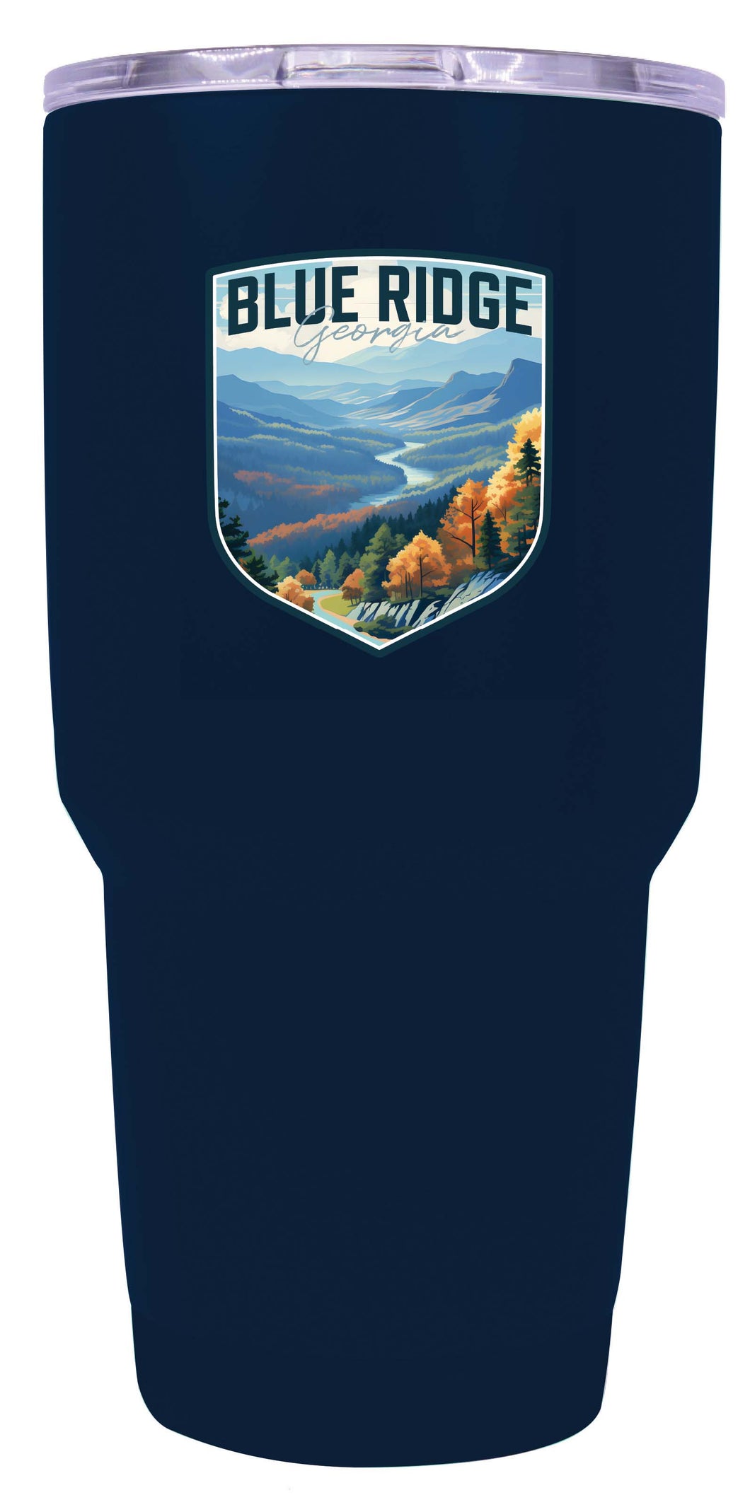 A 24 oz insulated stainless steel tumbler with detailed Blue Ridge Georgia design, featuring vibrant colors and a functional, straw-friendly lid. Ideal for travel or daily use.
