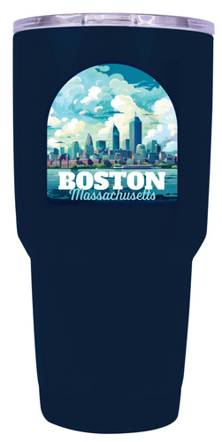 A 24 oz insulated stainless steel tumbler with detailed Boston Massachusetts design, featuring vibrant colors and a functional, straw-friendly lid. Ideal for travel or daily use.