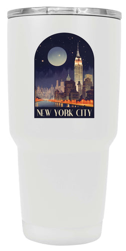 A 24 oz insulated stainless steel tumbler with detailed New York City design, featuring vibrant colors and a functional, straw-friendly lid. Ideal for travel or daily use.