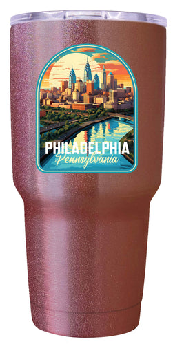 A 24 oz insulated stainless steel tumbler with detailed Philadelphia Pennsylvania design, featuring vibrant colors and a functional, straw-friendly lid. Ideal for travel or daily use.