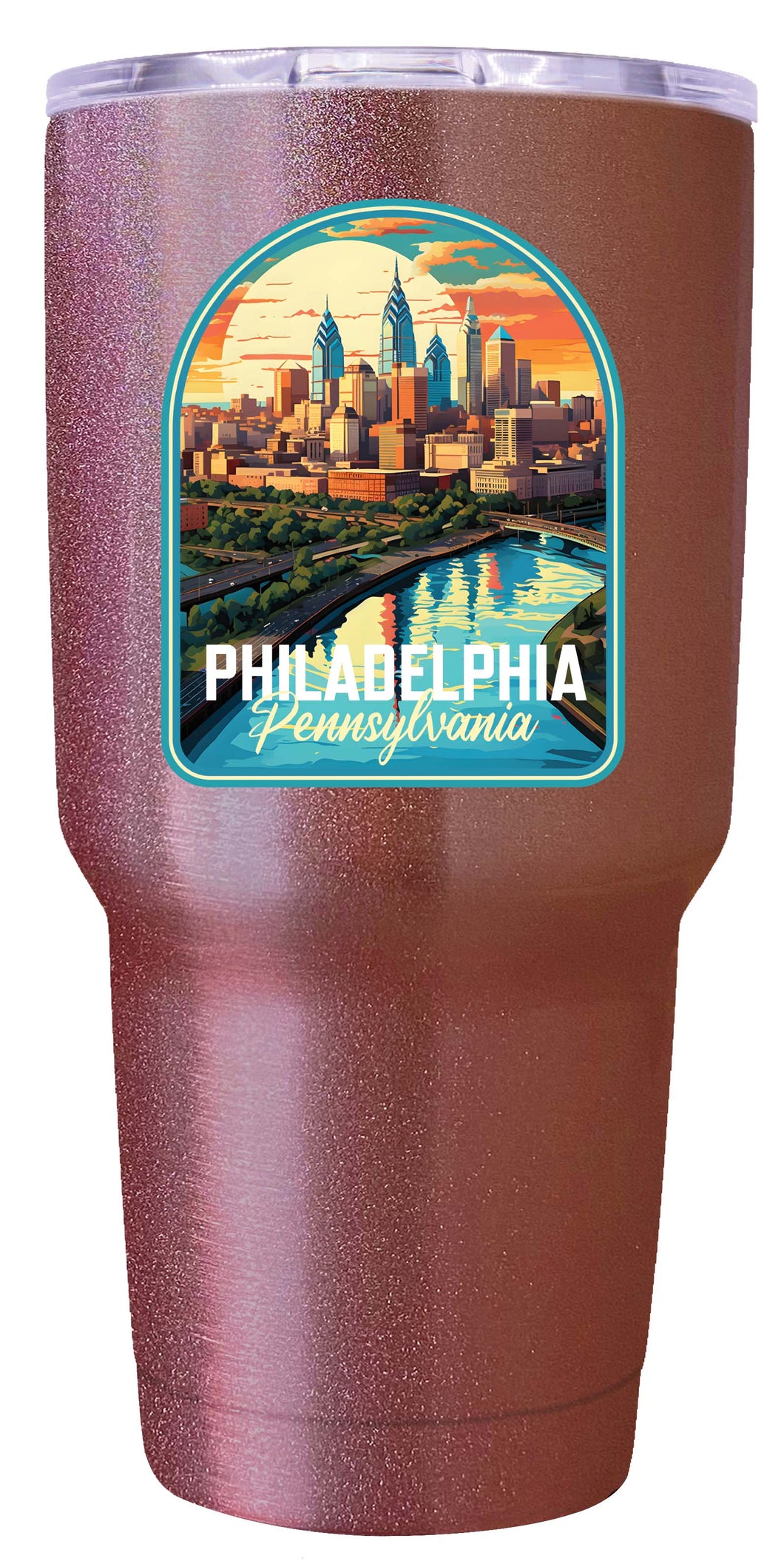 A 24 oz insulated stainless steel tumbler with detailed Philadelphia Pennsylvania design, featuring vibrant colors and a functional, straw-friendly lid. Ideal for travel or daily use.