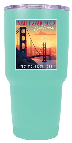 A 24 oz insulated stainless steel tumbler with detailed San Francisco California design, featuring vibrant colors and a functional, straw-friendly lid. Ideal for travel or daily use.