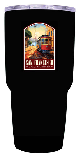 A 24 oz insulated stainless steel tumbler with detailed San Francisco California design, featuring vibrant colors and a functional, straw-friendly lid. Ideal for travel or daily use.