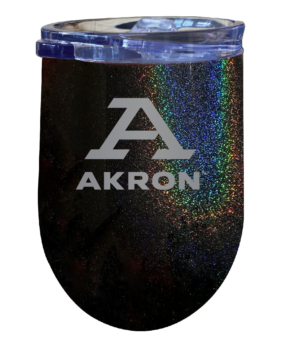 Akron Zips NCAA Laser-Etched Wine Tumbler - 12oz Rainbow Glitter Black Stainless Steel Insulated Cup