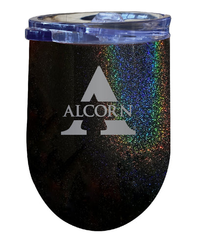 Alcorn State Braves NCAA Laser-Etched Wine Tumbler - 12oz Rainbow Glitter Black Stainless Steel Insulated Cup