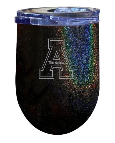 Appalachian State NCAA Laser-Etched Wine Tumbler - 12oz Rainbow Glitter Black Stainless Steel Insulated Cup