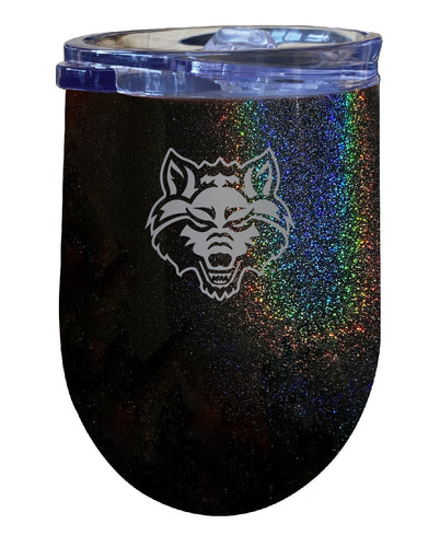 Arkansas State NCAA Laser-Etched Wine Tumbler - 12oz Rainbow Glitter Black Stainless Steel Insulated Cup