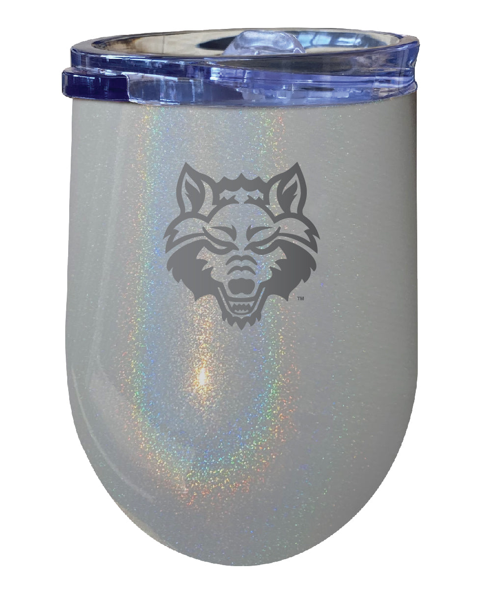Arkansas State 12 oz Laser Etched Insulated Wine Stainless Steel Tumbler Rainbow Glitter Grey