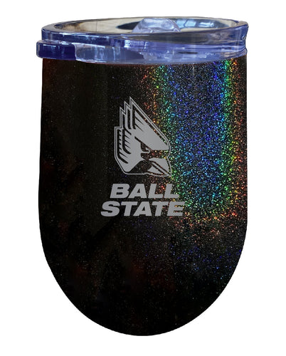 Ball State University NCAA Laser-Etched Wine Tumbler - 12oz Rainbow Glitter Black Stainless Steel Insulated Cup
