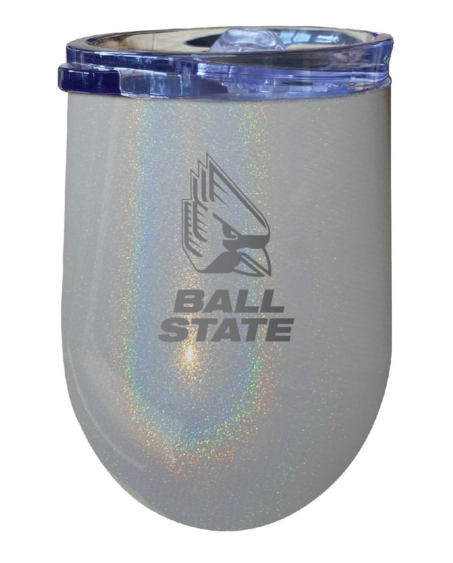 Ball State University NCAA Laser-Etched Wine Tumbler - 12oz Rainbow Glitter Gray Stainless Steel Insulated Cup