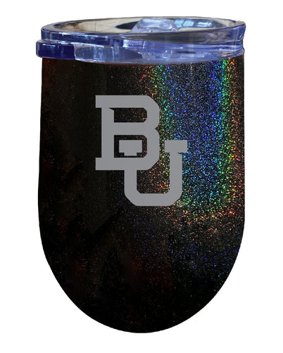 Baylor Bears NCAA Laser-Etched Wine Tumbler - 12oz Rainbow Glitter Black Stainless Steel Insulated Cup