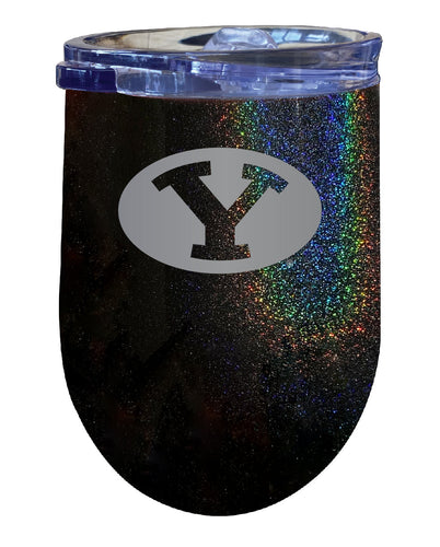 Brigham Young Cougars NCAA Laser-Etched Wine Tumbler - 12oz Rainbow Glitter Black Stainless Steel Insulated Cup