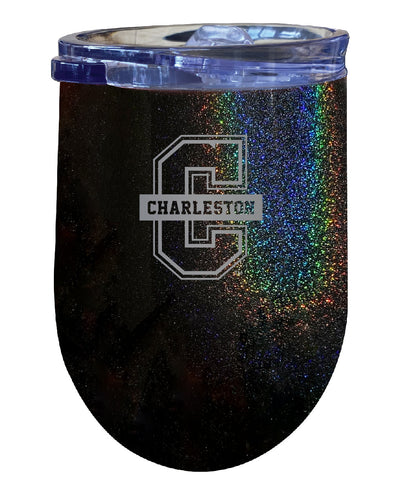 College of Charleston NCAA Laser-Etched Wine Tumbler - 12oz Rainbow Glitter Black Stainless Steel Insulated Cup