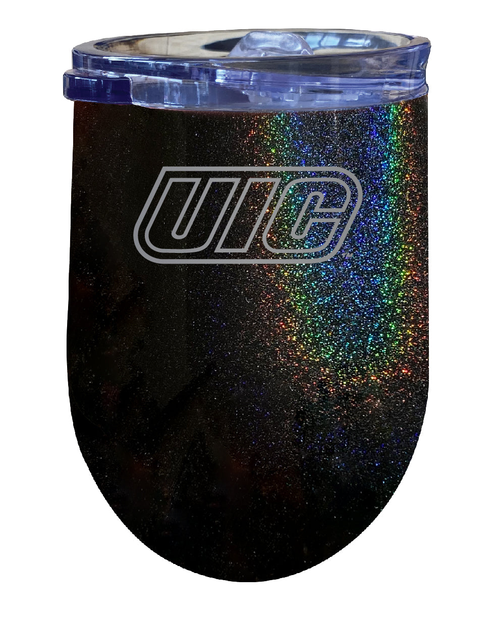 University of Illinois at Chicago 12 oz Laser Etched Insulated Wine Stainless Steel Tumbler Rainbow Glitter Black