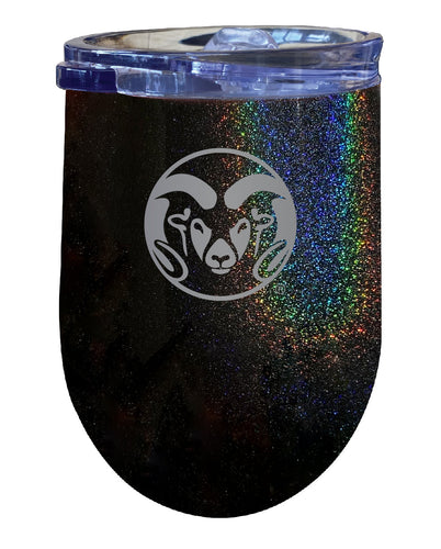 Colorado State Rams NCAA Laser-Etched Wine Tumbler - 12oz Rainbow Glitter Black Stainless Steel Insulated Cup