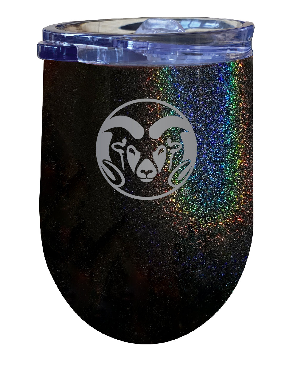 Colorado State Rams 12 oz Laser Etched Insulated Wine Stainless Steel Tumbler Rainbow Glitter Black