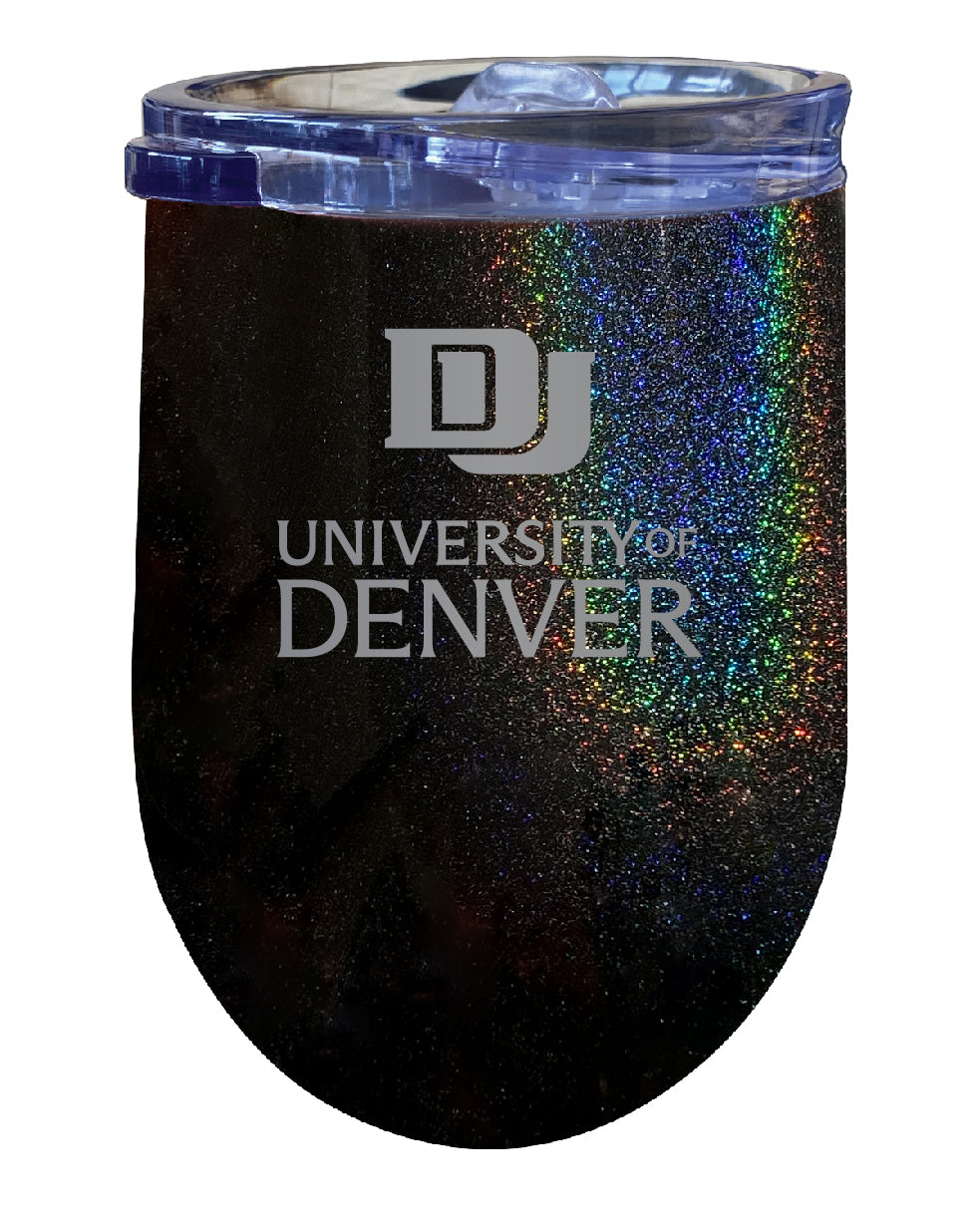 University of Denver Pioneers 12 oz Laser Etched Insulated Wine Stainless Steel Tumbler Rainbow Glitter Black