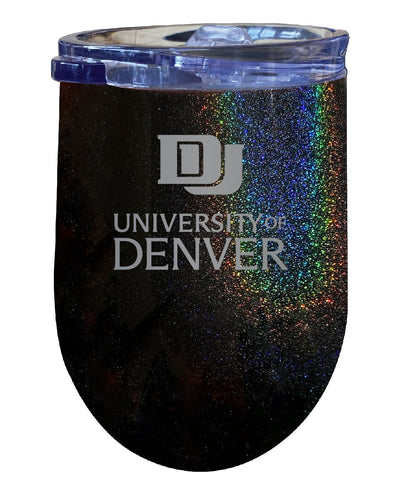 University of Denver Pioneers NCAA Laser-Etched Wine Tumbler - 12oz Rainbow Glitter Black Stainless Steel Insulated Cup