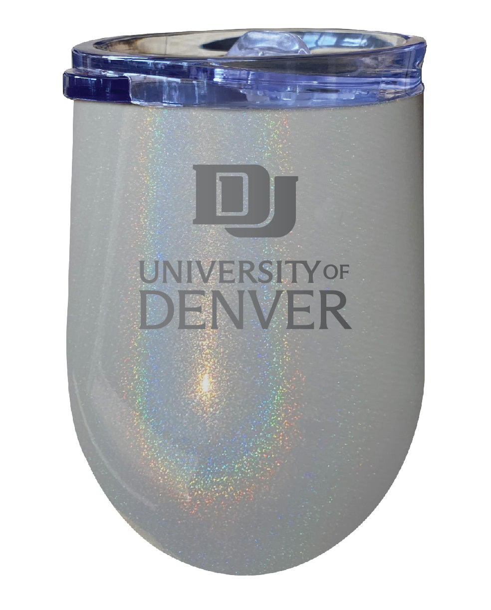 University of Denver Pioneers 12 oz Laser Etched Insulated Wine Stainless Steel Tumbler Rainbow Glitter Grey