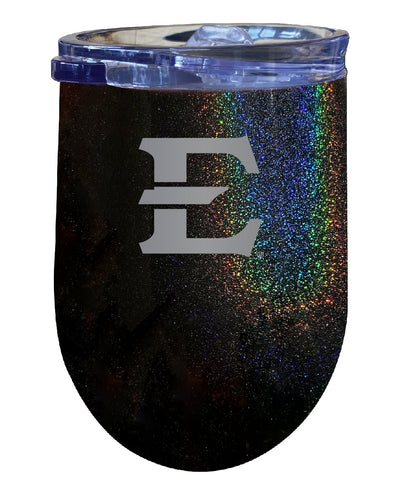 East Tennessee State University NCAA Laser-Etched Wine Tumbler - 12oz Rainbow Glitter Black Stainless Steel Insulated Cup
