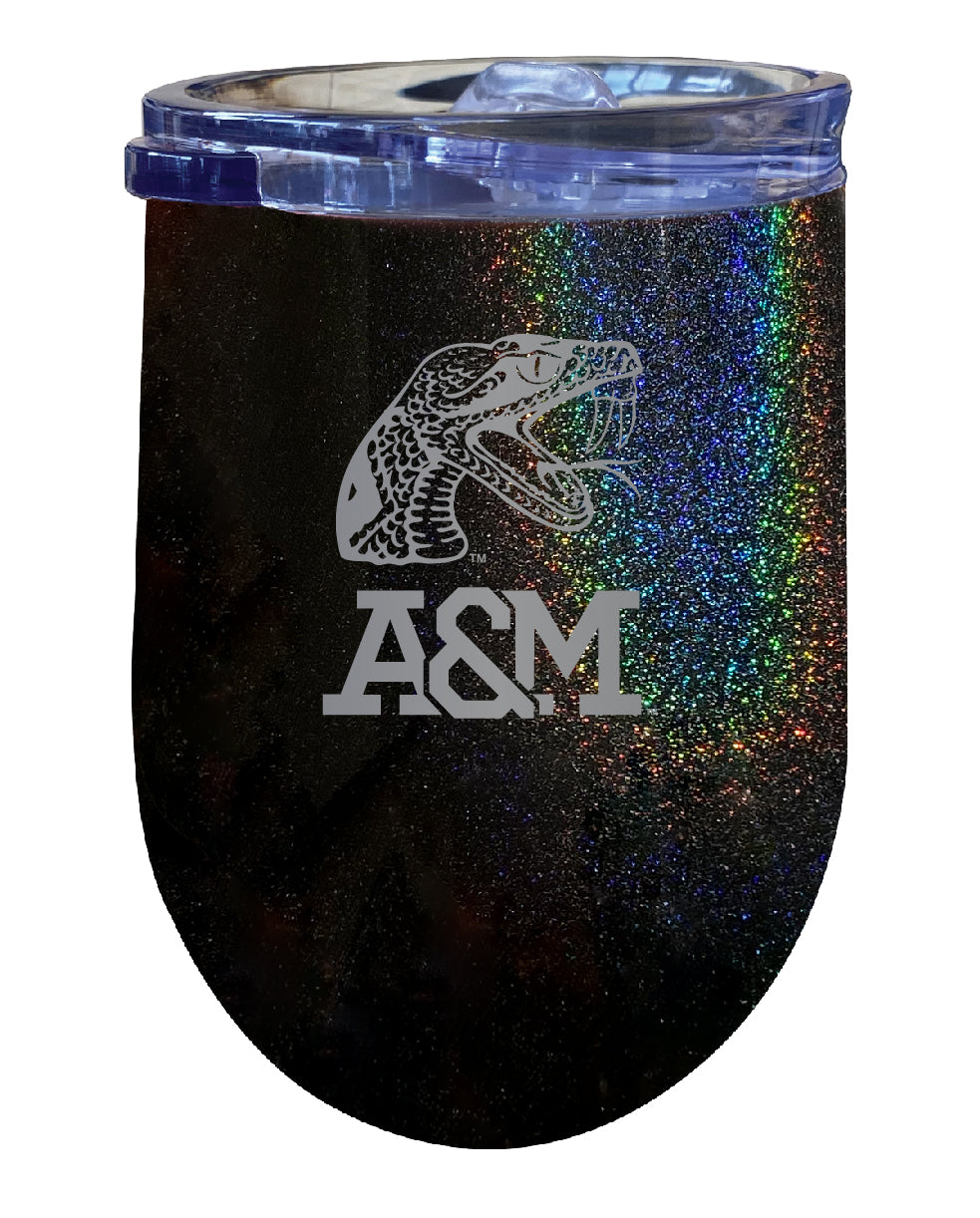Florida A&M Rattlers 12 oz Laser Etched Insulated Wine Stainless Steel Tumbler Rainbow Glitter Black