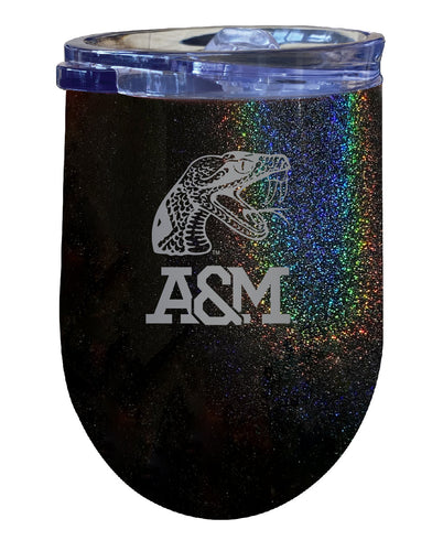 Florida A&M Rattlers NCAA Laser-Etched Wine Tumbler - 12oz Rainbow Glitter Black Stainless Steel Insulated Cup