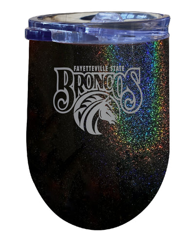 Fayetteville State University NCAA Laser-Etched Wine Tumbler - 12oz Rainbow Glitter Black Stainless Steel Insulated Cup