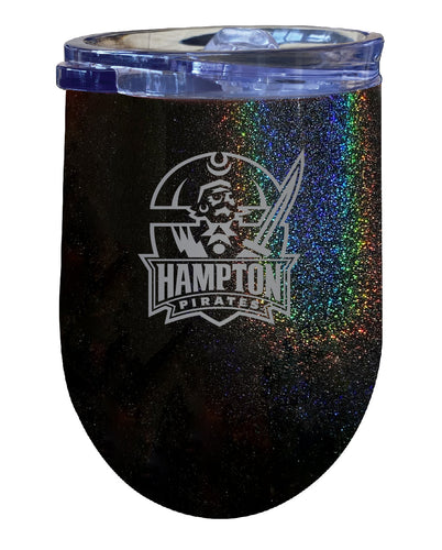 Hampton University NCAA Laser-Etched Wine Tumbler - 12oz Rainbow Glitter Black Stainless Steel Insulated Cup